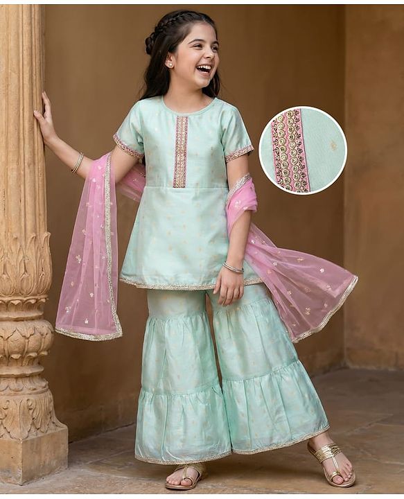 Pine Kids Woven Half Sleeveless Embroidered Kurti & Gharara Set with Dupatta - Aqua Blue