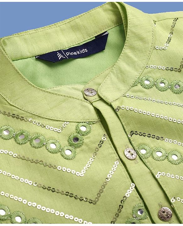 Pine Kids Woven Full Sleeves Kurta Pyjama Set with Sequin Detailing Jacket - Lime Green