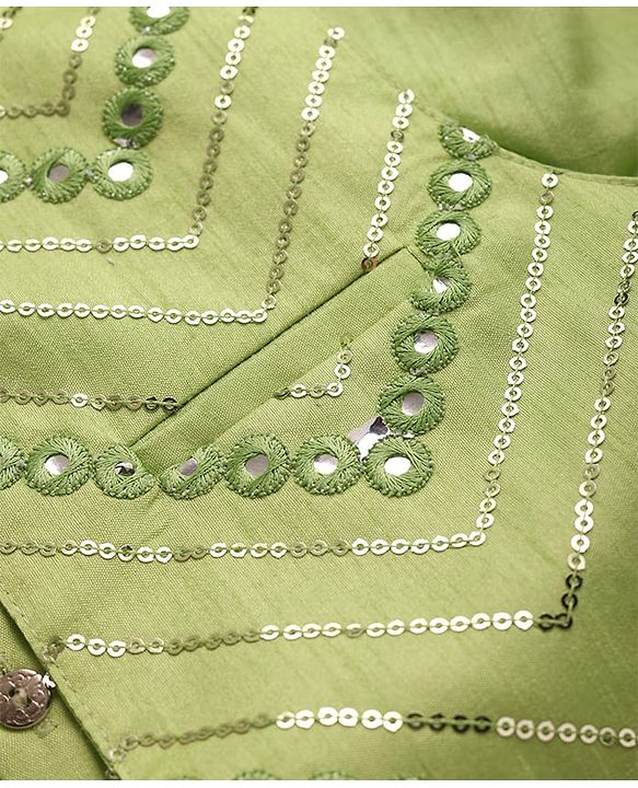 Pine Kids Woven Full Sleeves Kurta Pyjama Set with Sequin Detailing Jacket - Lime Green