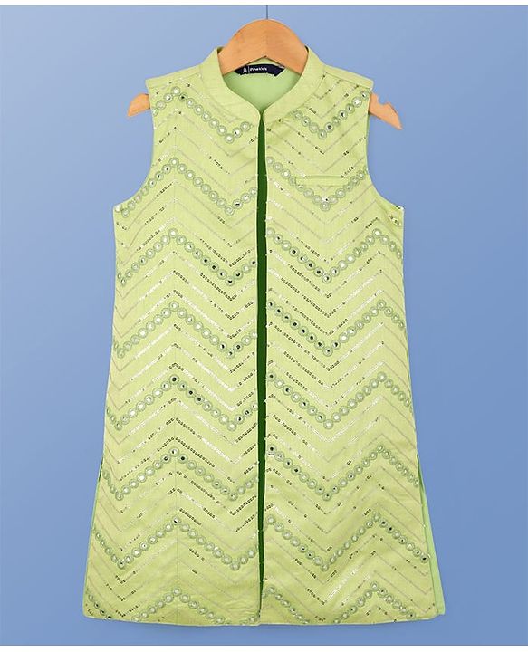 Pine Kids Woven Full Sleeves Kurta Pyjama Set with Sequin Detailing Jacket - Lime Green