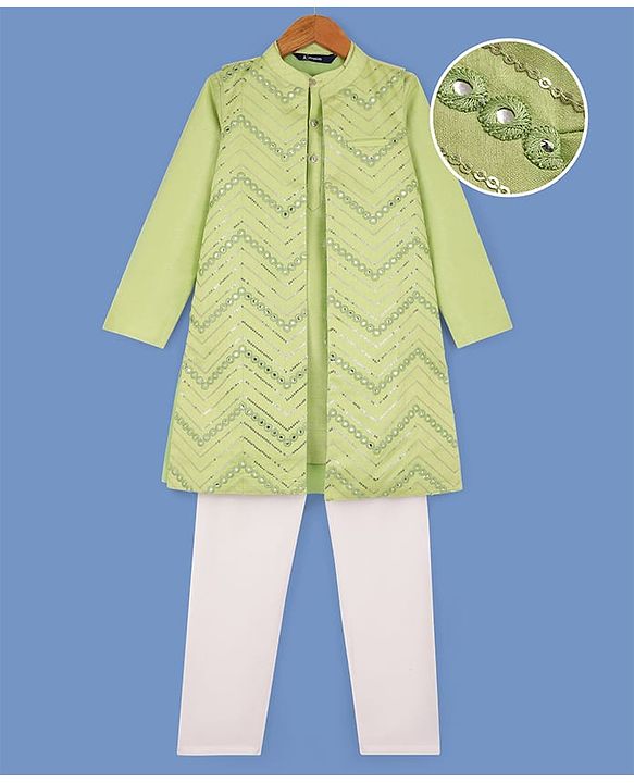 Pine Kids Woven Full Sleeves Kurta Pyjama Set with Sequin Detailing Jacket - Lime Green