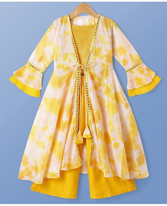 Pine Kids Viscose Woven Embroidered Top and Palazzo with Full Sleeves Tie Dye Shrug - Yellow