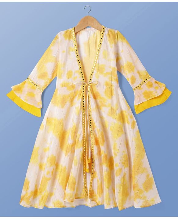 Pine Kids Viscose Woven Embroidered Top and Palazzo with Full Sleeves Tie Dye Shrug - Yellow