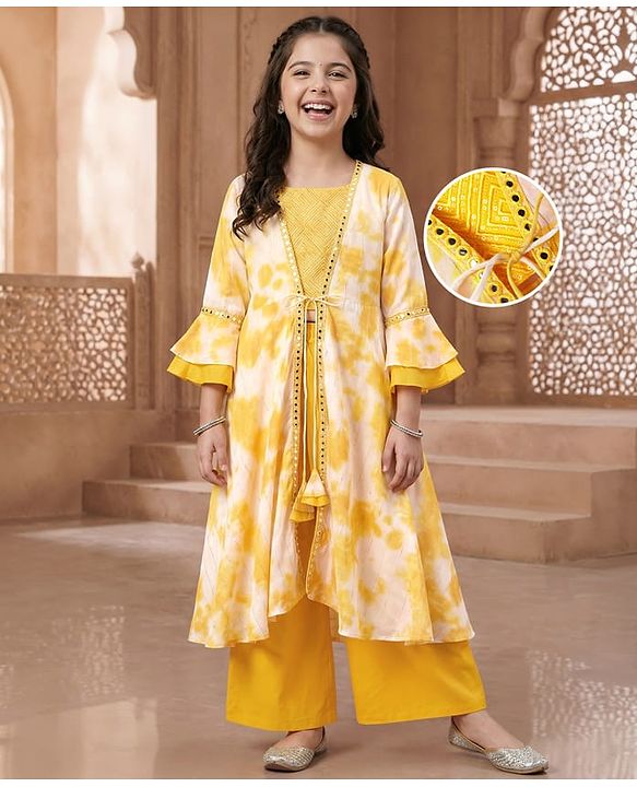 Pine Kids Viscose Woven Embroidered Top and Palazzo with Full Sleeves Tie Dye Shrug - Yellow