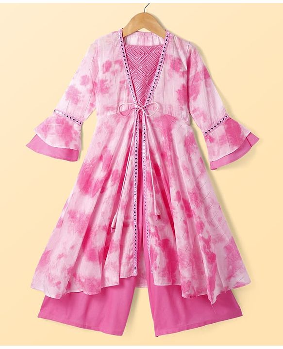 Pine Kids Viscose Woven Embroidered Top and Palazzo with Full Sleeves Tie Dye Shrug - Pink
