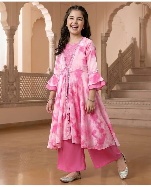 Pine Kids Viscose Woven Embroidered Top and Palazzo with Full Sleeves Tie Dye Shrug - Pink