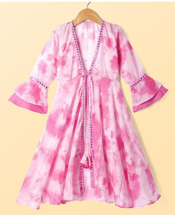 Pine Kids Viscose Woven Embroidered Top and Palazzo with Full Sleeves Tie Dye Shrug - Pink