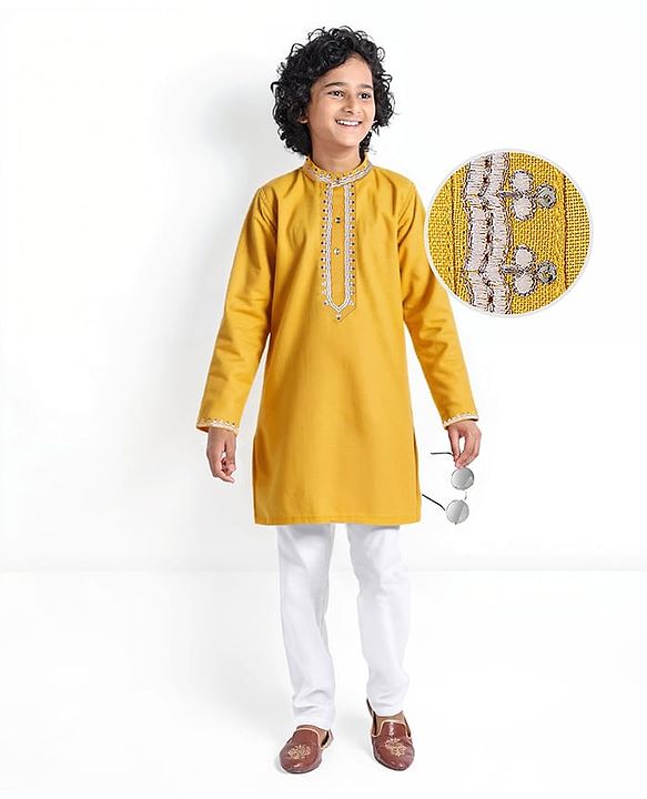 Pine Kids Woven Full Sleeves Sequined Embroidery Kurta Pyjama Set - Mustard
