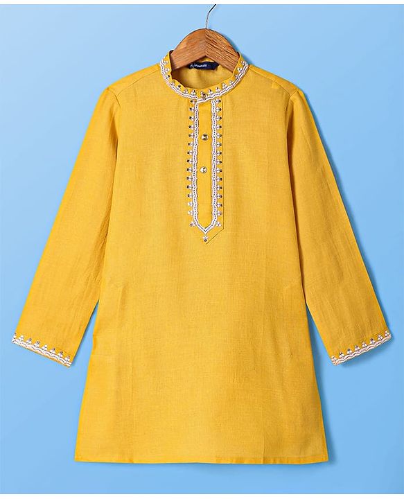 Pine Kids Woven Full Sleeves Sequined Embroidery Kurta Pyjama Set - Mustard