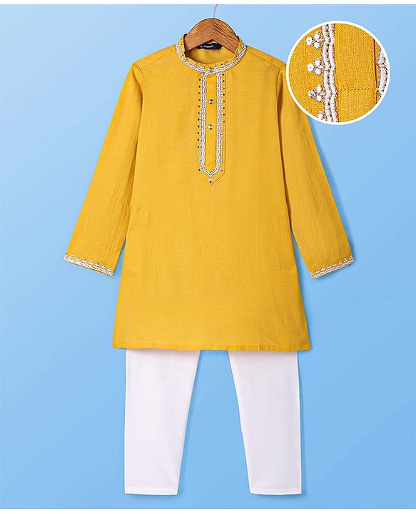 Pine Kids Woven Full Sleeves Sequined Embroidery Kurta Pyjama Set - Mustard