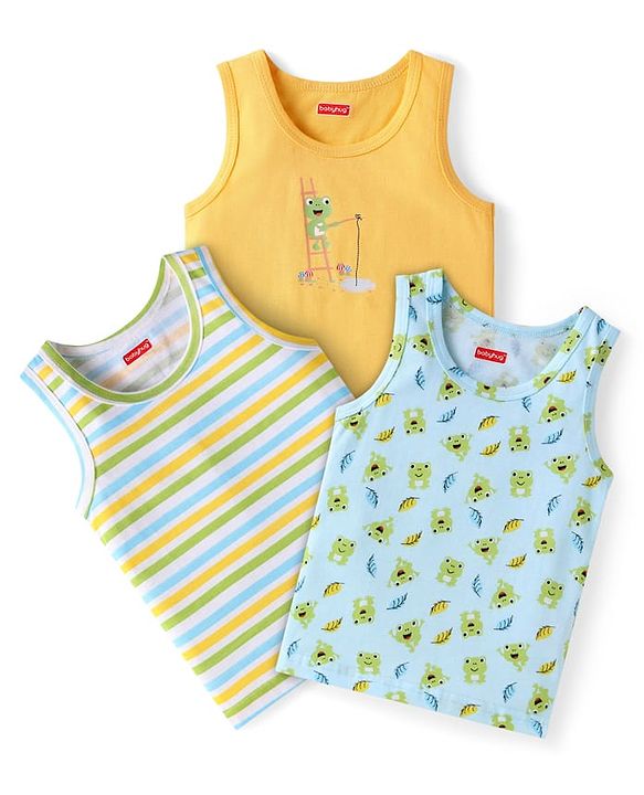 Babyhug 100% Cotton Sleeveless Sandos Striped & Frog Print Pack of 3 - Light Blue Yellow