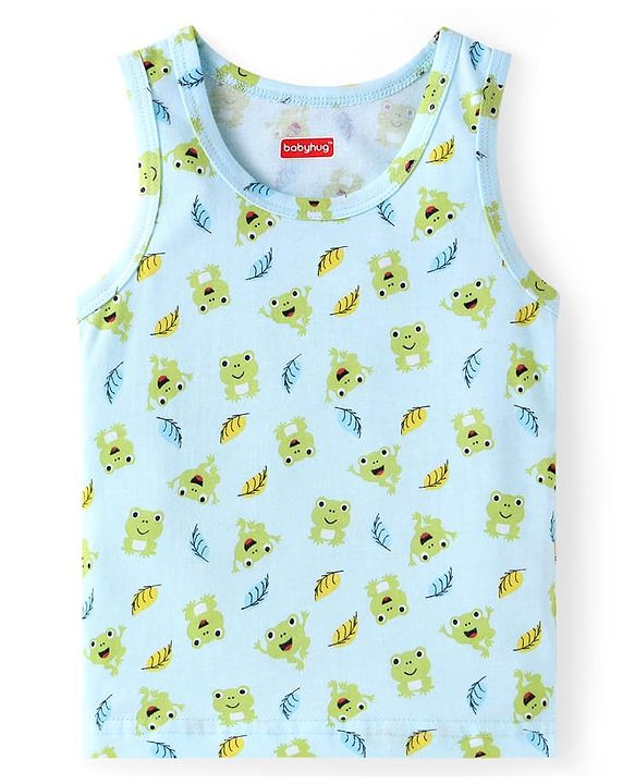 Babyhug 100% Cotton Sleeveless Sandos Striped & Frog Print Pack of 3 - Light Blue Yellow