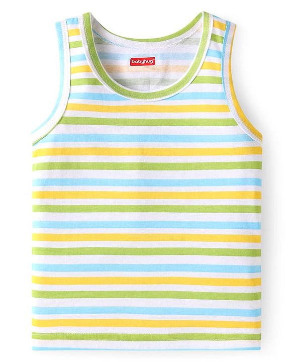 Babyhug 100% Cotton Sleeveless Sandos Striped & Frog Print Pack of 3 - Light Blue Yellow