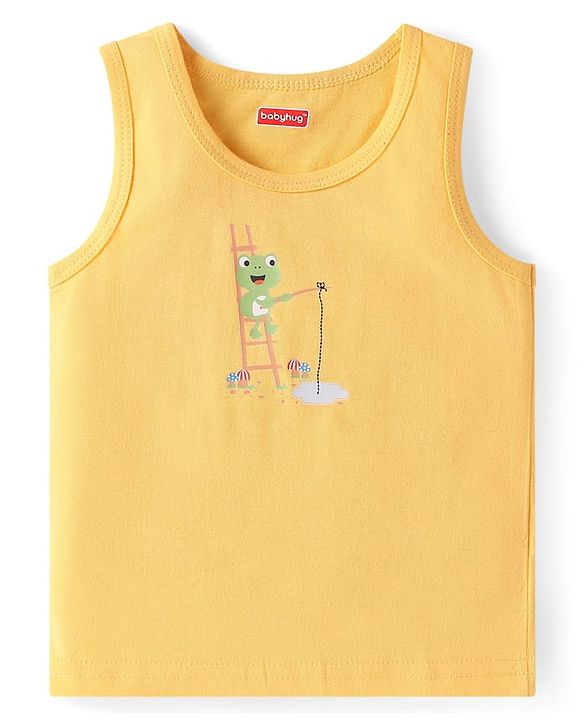 Babyhug 100% Cotton Sleeveless Sandos Striped & Frog Print Pack of 3 - Light Blue Yellow