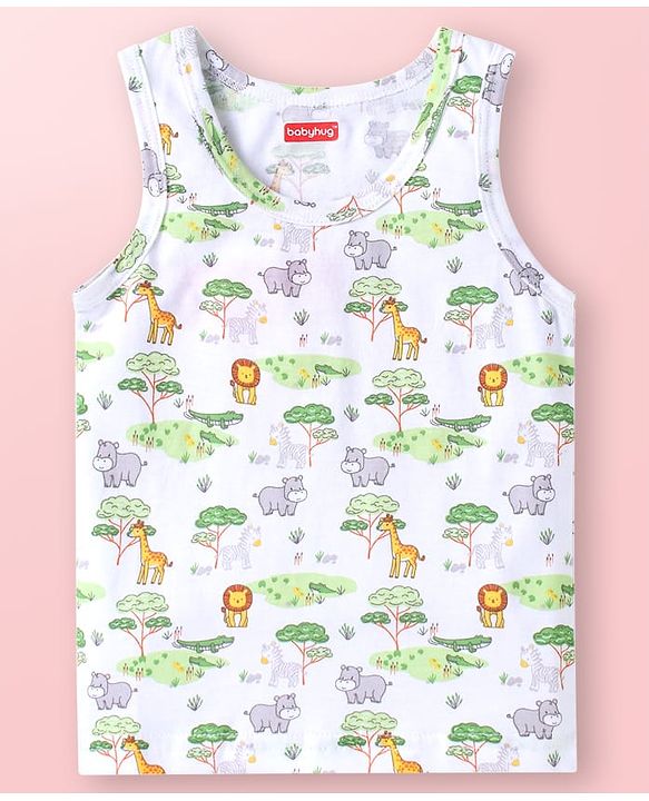 Babyhug Single Jersey Knit Sleeveless Striped & Animal Print Sando Pack of 3 - Light Green Light Blue & White