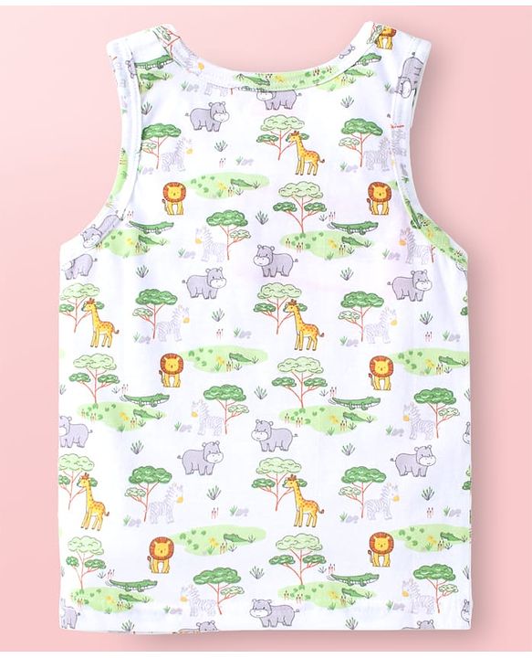 Babyhug Single Jersey Knit Sleeveless Striped & Animal Print Sando Pack of 3 - Light Green Light Blue & White