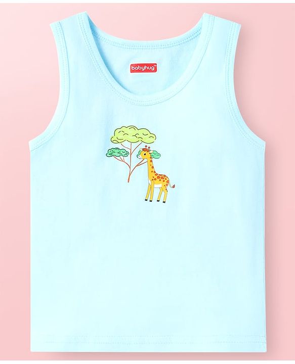 Babyhug Single Jersey Knit Sleeveless Striped & Animal Print Sando Pack of 3 - Light Green Light Blue & White