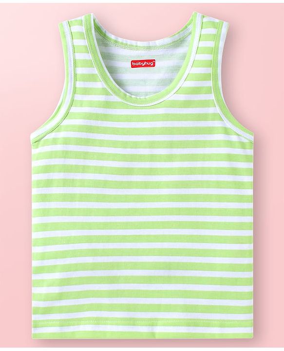 Babyhug Single Jersey Knit Sleeveless Striped & Animal Print Sando Pack of 3 - Light Green Light Blue & White