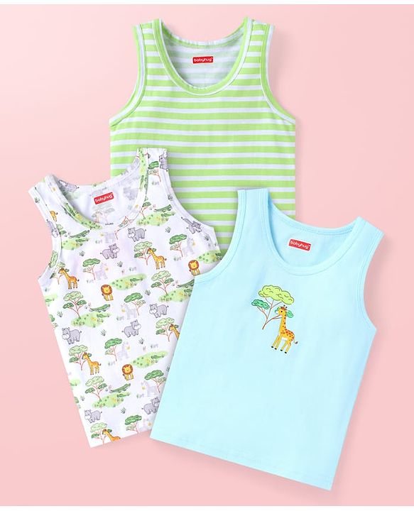 Babyhug Single Jersey Knit Sleeveless Striped & Animal Print Sando Pack of 3 - Light Green Light Blue & White