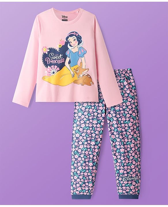 Pine Kids Disney Single Jersey Knit Full Sleeves Nightsuit With Snow White Graphic - Pink