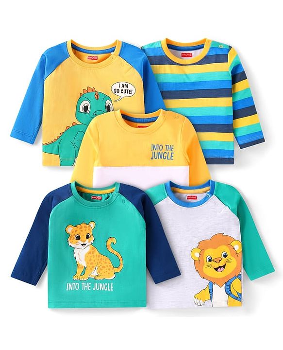 Babyhug Cotton Knit Full Sleeves T-Shirts with Stripes & Animal Print Pack of 5 - Multicolor