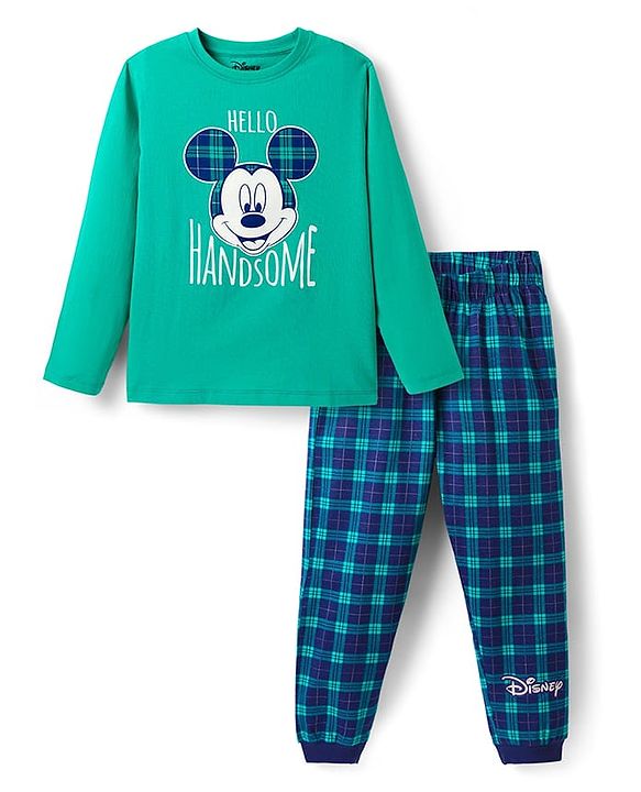Pine Kids Disney Single Jersey Knit Full Sleeves Nightsuit With Mickey Mouse Graphic - Green & Navy Blue