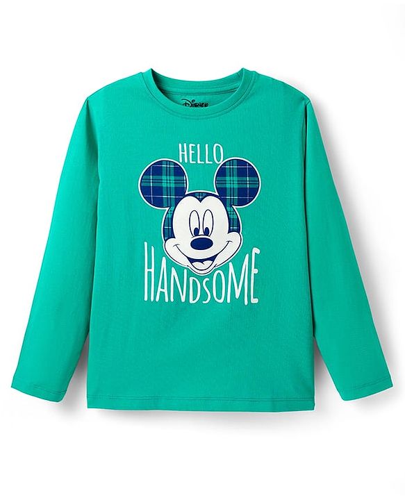 Pine Kids Disney Single Jersey Knit Full Sleeves Nightsuit With Mickey Mouse Graphic - Green & Navy Blue