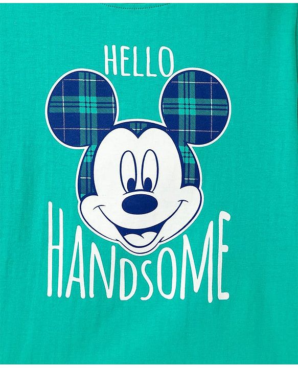 Pine Kids Disney Single Jersey Knit Full Sleeves Nightsuit With Mickey Mouse Graphic - Green & Navy Blue