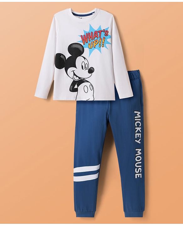 Pine Kids Disney Single Jersey Knit Full Sleeves Nightsuit With Mickey Mouse Graphic - White & Navy Blue