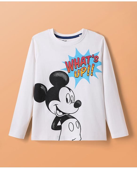Pine Kids Disney Single Jersey Knit Full Sleeves Nightsuit With Mickey Mouse Graphic - White & Navy Blue
