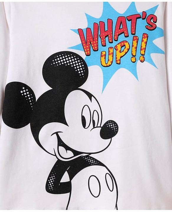 Pine Kids Disney Single Jersey Knit Full Sleeves Nightsuit With Mickey Mouse Graphic - White & Navy Blue