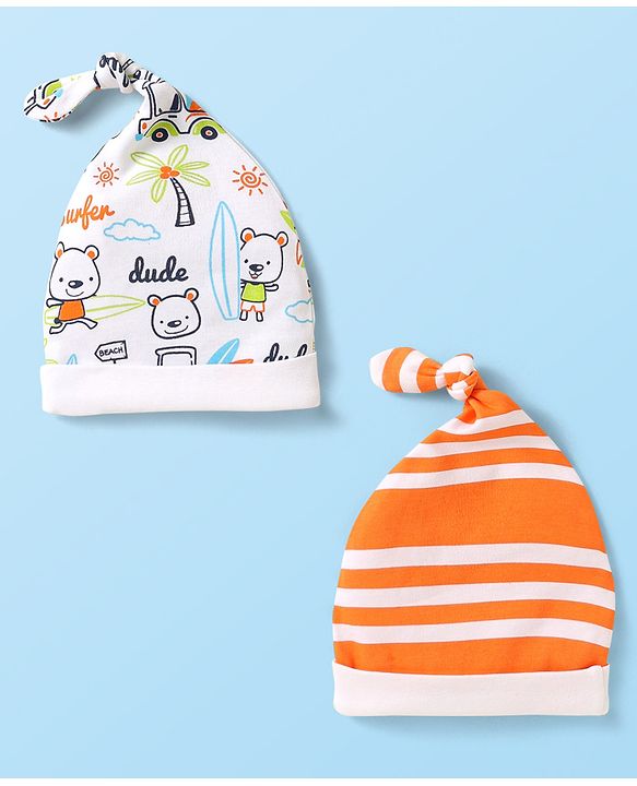 Babyhug 100% Cotton Knit Striped & Animal Printed Caps With Knot Design Pack of 2 - Orange & White
