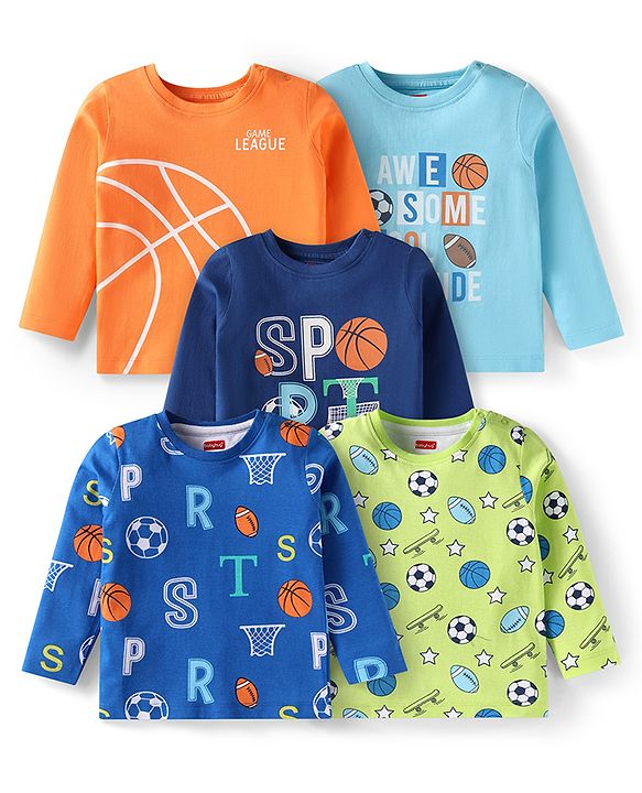 Babyhug Cotton Knit Full Sleeves T-Shirts With Sports Theme Print Pack of 5 - Multi Colour