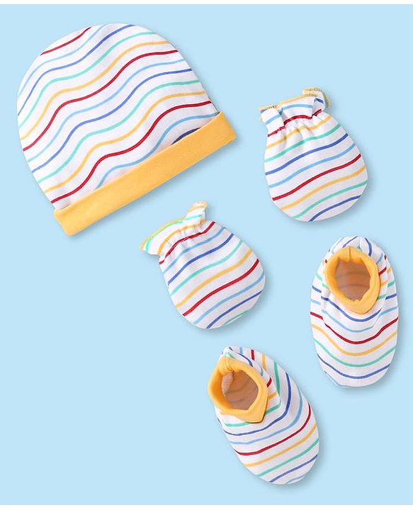 Babyhug 100% Cotton Knit Striped Cap Mittens & Booties Yellow - Diameter 9 cm