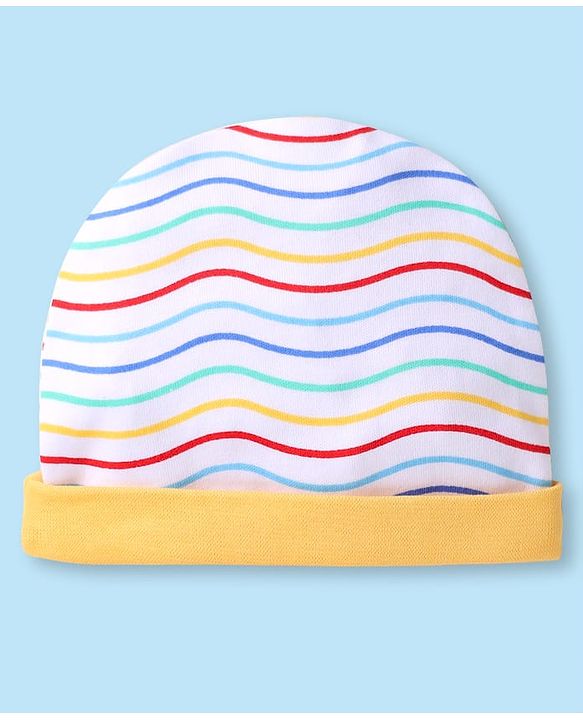 Babyhug 100% Cotton Knit Striped Cap Mittens & Booties Yellow - Diameter 9 cm
