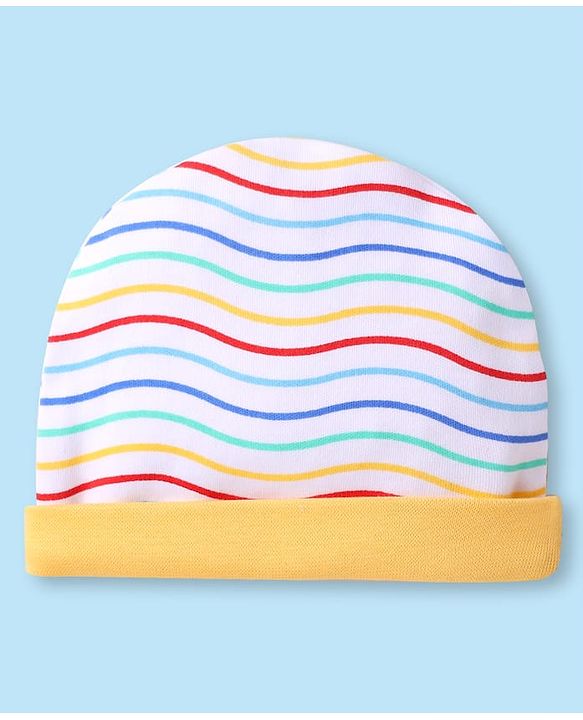 Babyhug 100% Cotton Knit Striped Cap Mittens & Booties Yellow - Diameter 9 cm