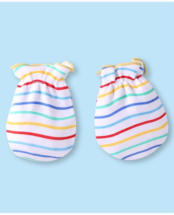 Babyhug 100% Cotton Knit Striped Cap Mittens & Booties Yellow - Diameter 9 cm
