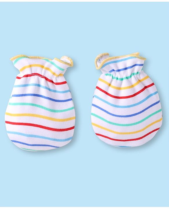 Babyhug 100% Cotton Knit Striped Cap Mittens & Booties Yellow - Diameter 9 cm
