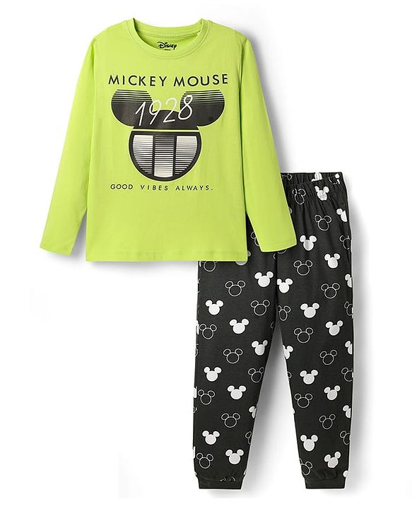 Pine Kids Disney Single Jersey Knit Full Sleeves Night Suit With Mickey Mouse Graphic - Limegreen  & Black