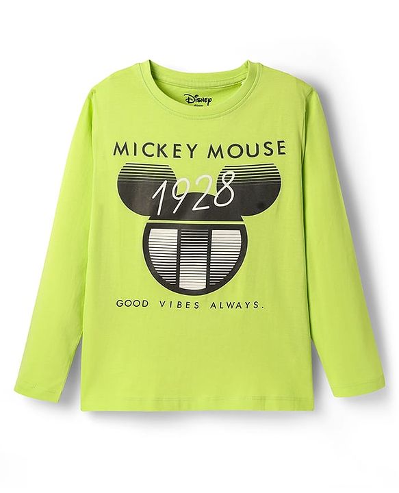 Pine Kids Disney Single Jersey Knit Full Sleeves Night Suit With Mickey Mouse Graphic - Limegreen  & Black