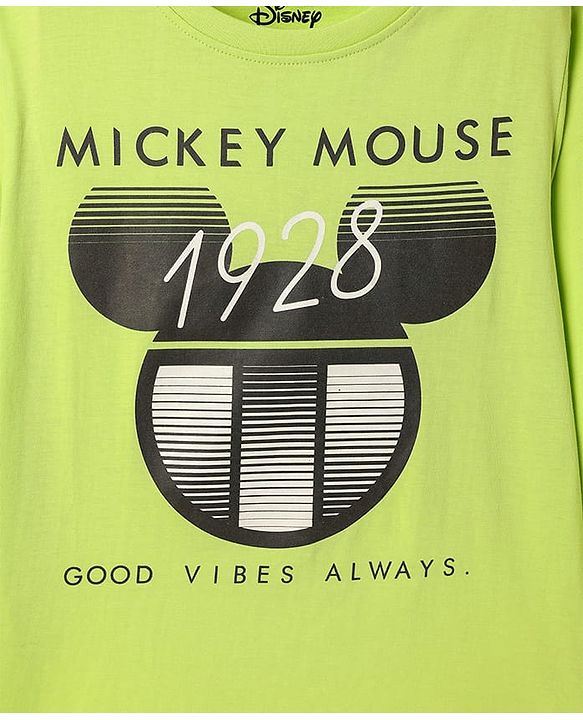 Pine Kids Disney Single Jersey Knit Full Sleeves Night Suit With Mickey Mouse Graphic - Limegreen  & Black