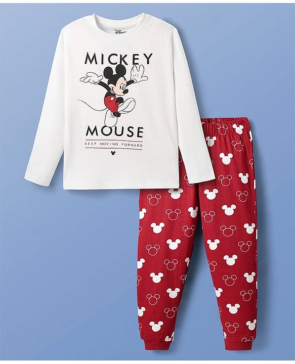 Pine Kids Disney Single Jersey Knit Full Sleeves Night Suit With Mickey Mouse Graphic- White & Red