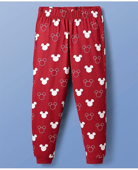 Pine Kids Disney Single Jersey Knit Full Sleeves Night Suit With Mickey Mouse Graphic- White & Red