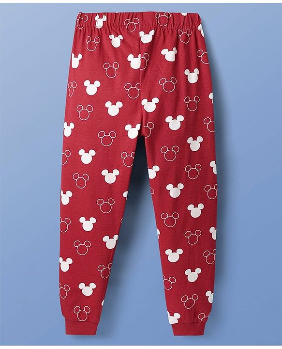 Pine Kids Disney Single Jersey Knit Full Sleeves Night Suit With Mickey Mouse Graphic- White & Red