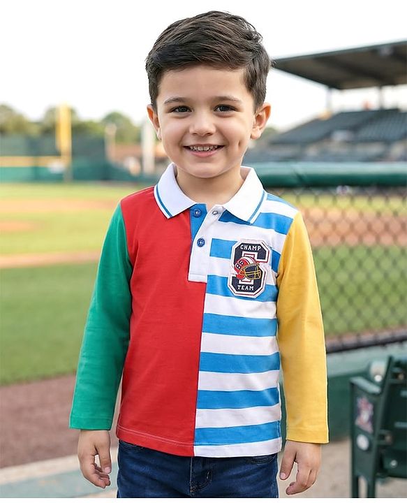 Babyhug Cotton Knit Full Sleeves Cut & Sew Polo T-Shirt with Stripes & Patch Detailing - Multicolor