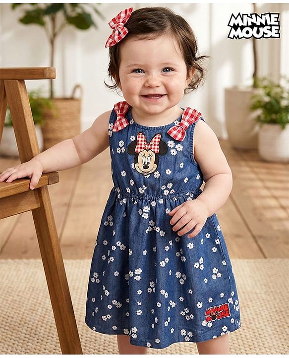 Babyhug Disney Cotton Knit Sleeveless Frock with Bloomer & Minnie Mouse Print Bow Detailing  - Navy Blue