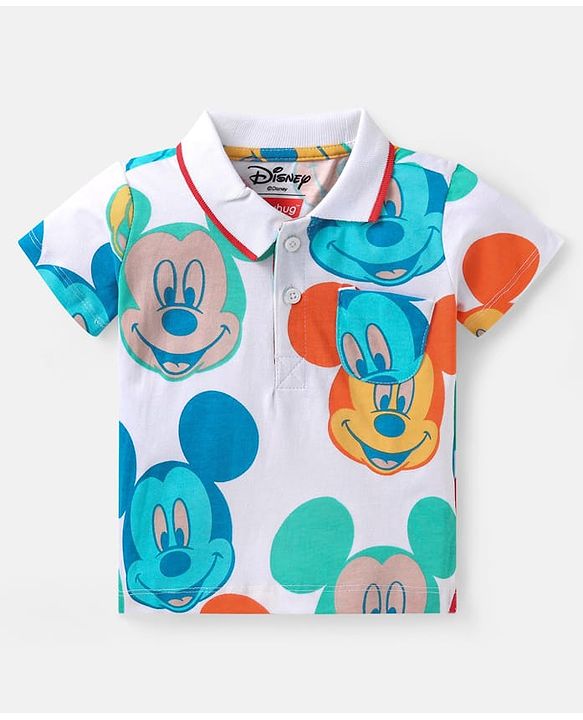 Babyhug Disney Cotton Knit Half Sleeves T-Shirt & Denim Shorts Set with Mickey Mouse Print - White Blue