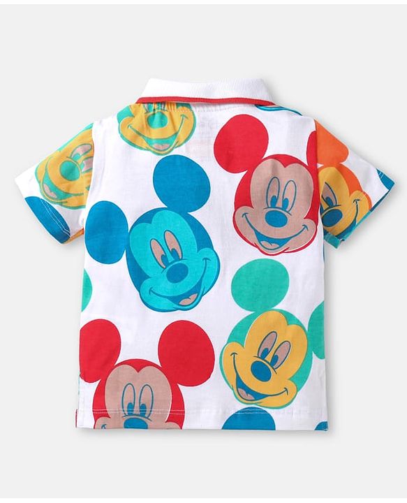 Babyhug Disney Cotton Knit Half Sleeves T-Shirt & Denim Shorts Set with Mickey Mouse Print - White Blue