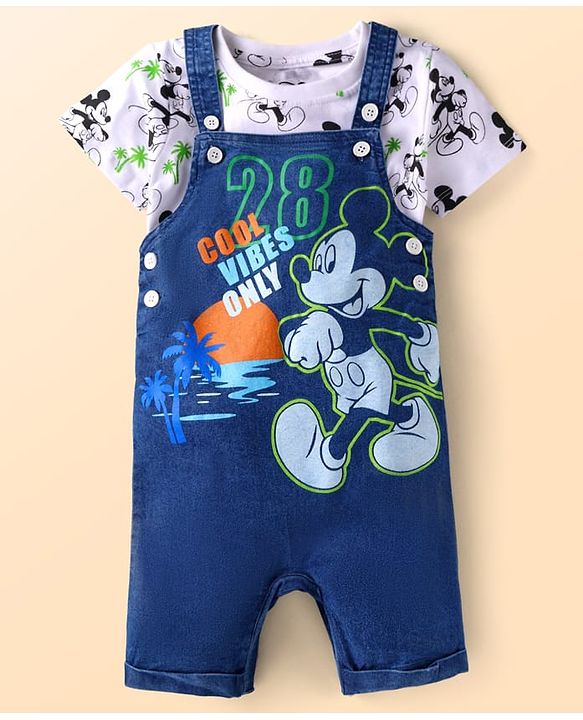 Babyhug Disney Single Jersey Knit Dungaree & Half Sleeves T-Shirt With Mickey Mouse Graphics - Navy Blue & White