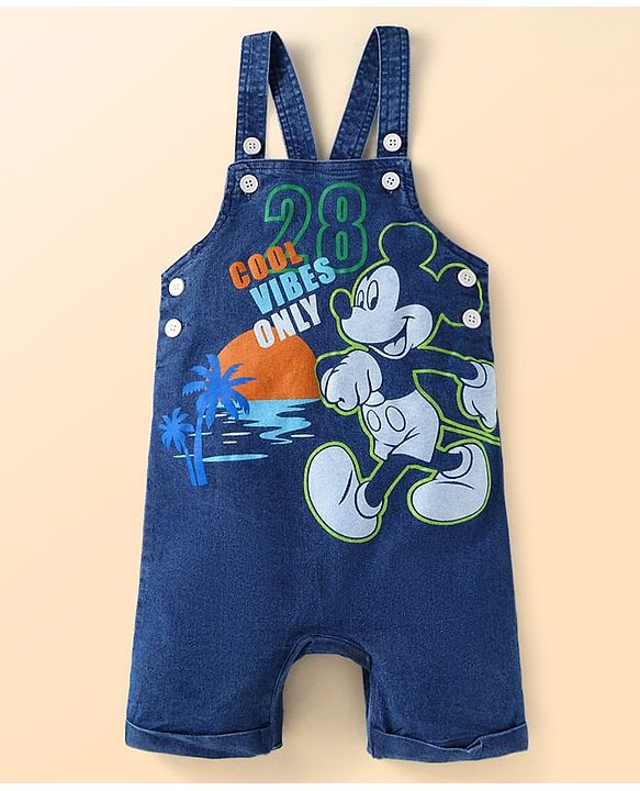 Babyhug Disney Single Jersey Knit Dungaree & Half Sleeves T-Shirt With Mickey Mouse Graphics - Navy Blue & White